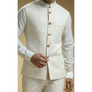 Kommel‎ Sood Designer Nehru Jacket Sz 42R White Wedding Groomsman Cotton Silk